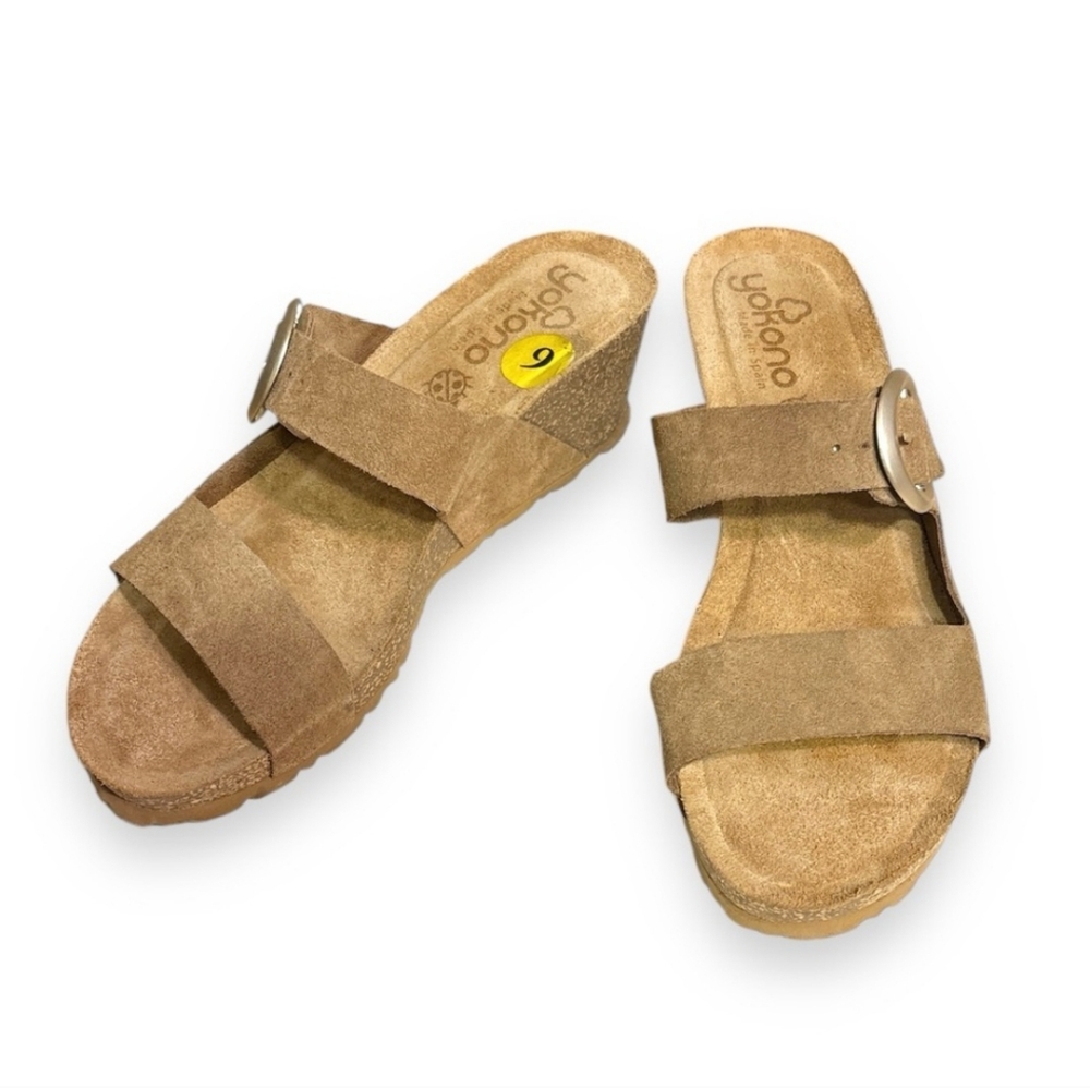 YOKONO Suede Two Strap Cork Wedge Sandals